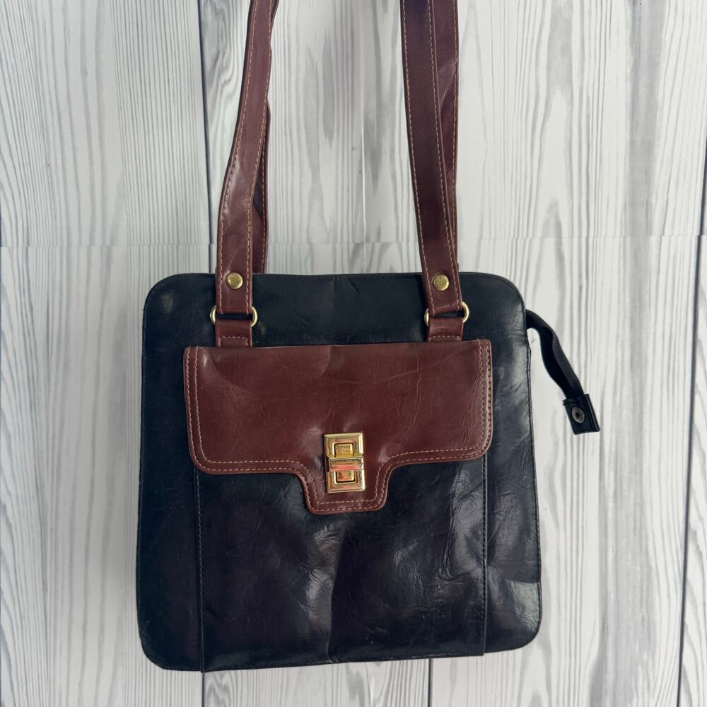 Vintage 80s Jackson Two Tone Structured Leather Shoulder Purse Bag Brass 10 x 10